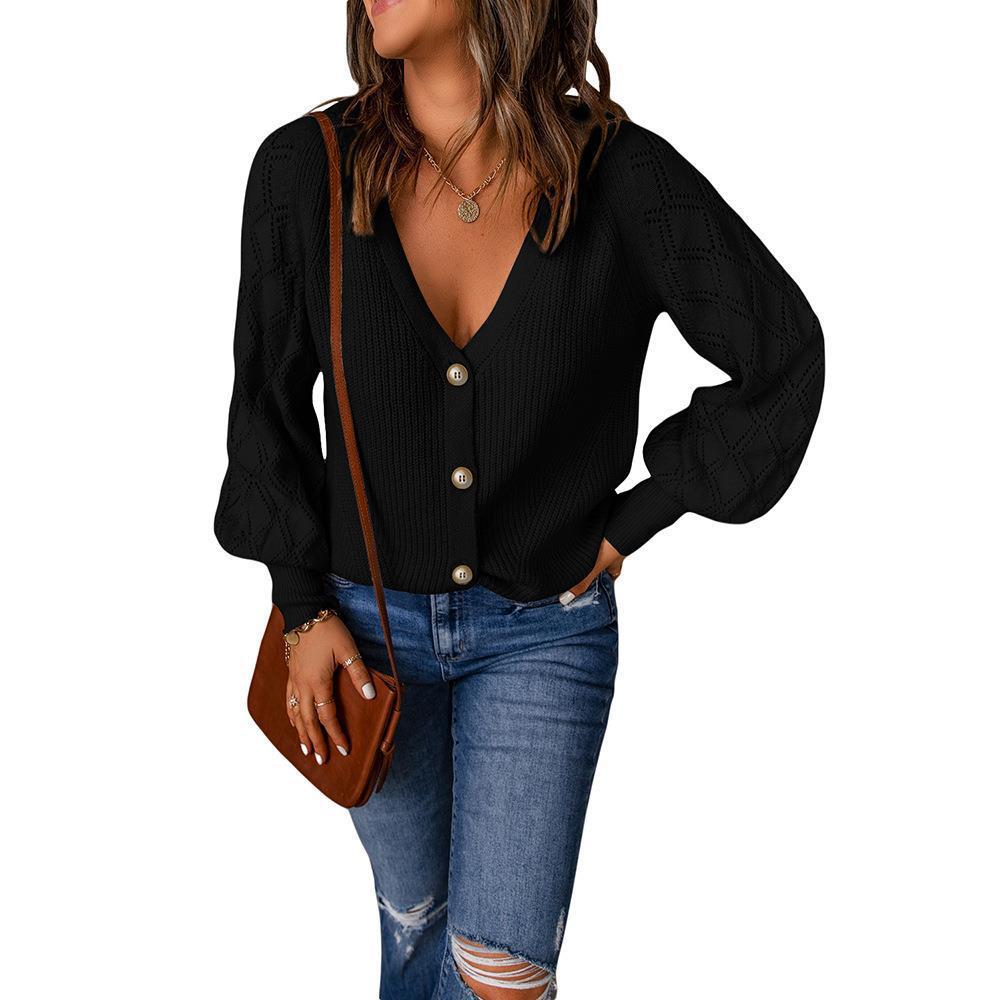 Women's knitted cardigan with V-neck, decorative button placket and balloon sleeves Mune Fashion