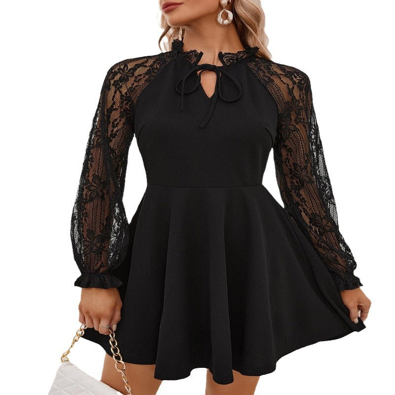 Ladies' elegant A-line cocktail dress with lace sleeves and stand-up collar Mune Fashion