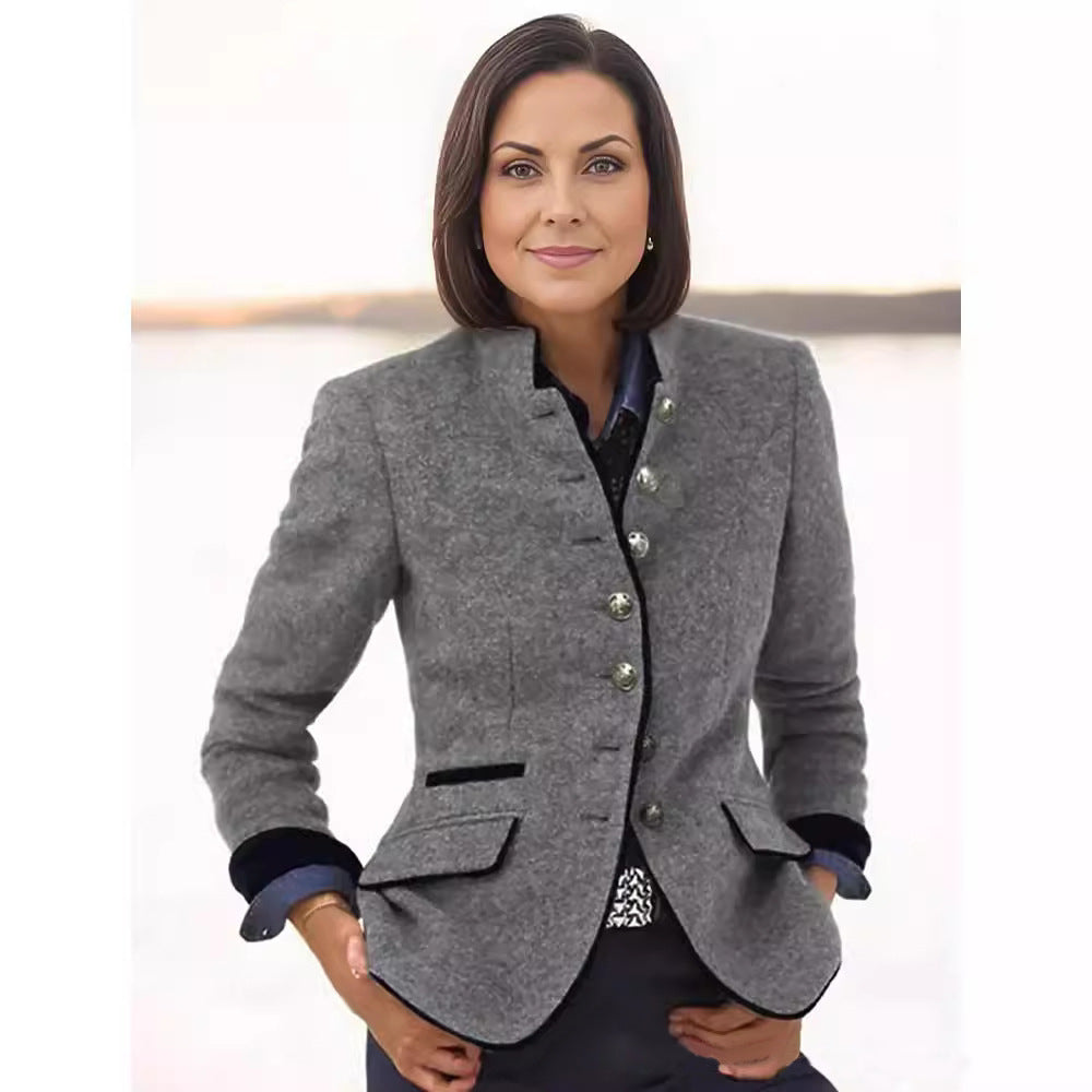 Women Tailored Walk Blazer with Stand Collar, Velvet Trim and Decorative Buttons Mune Fashion