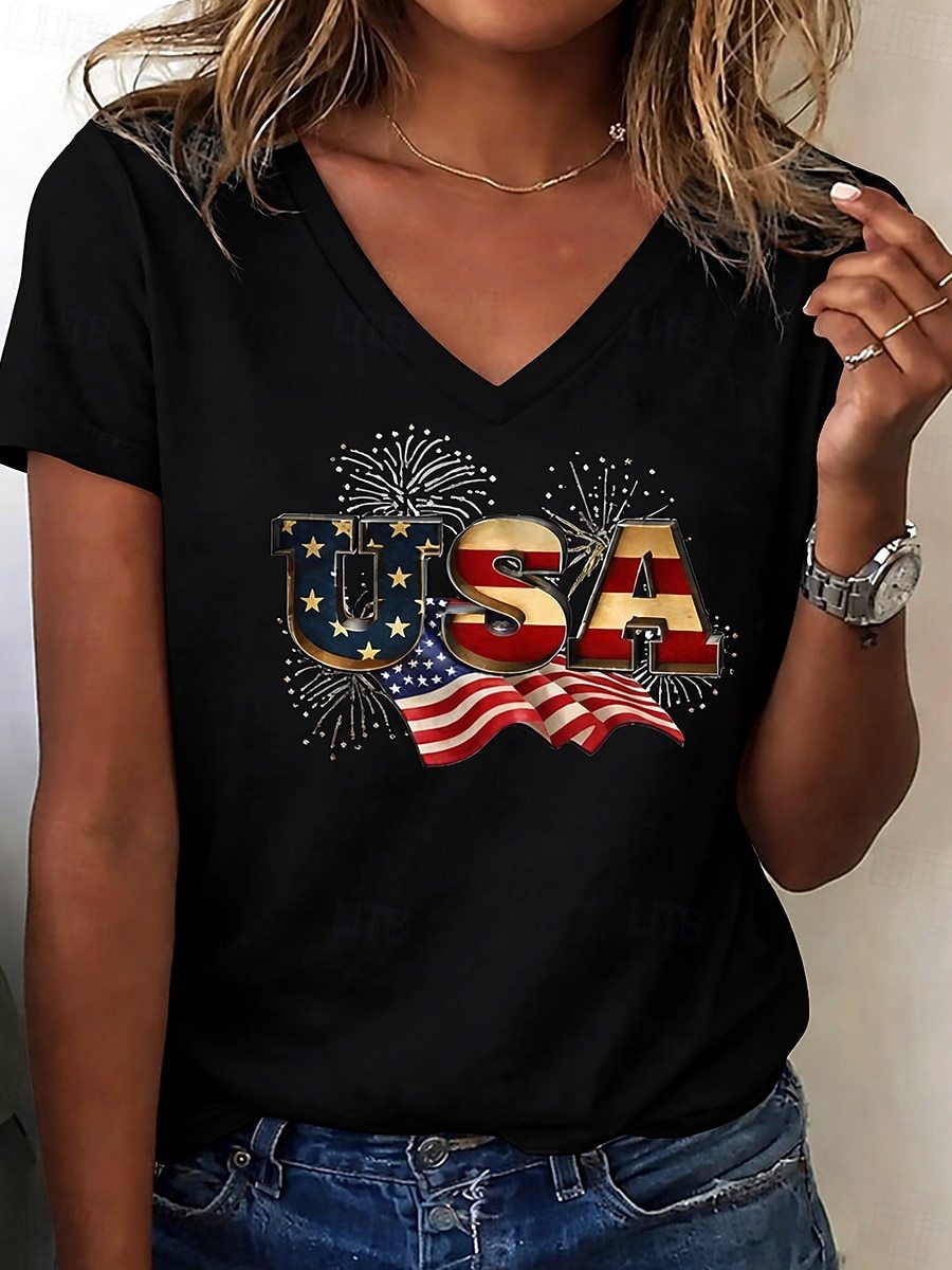 Women’s V-neck Retro Print T-shirt with Eagle Emblem and vintage-inspired Graphic Mune Fashion
