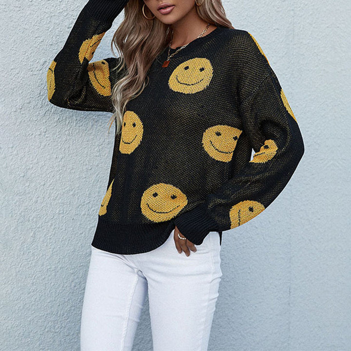 Women's casual knit sweater with smiley jacquard and round neck Mune Fashion