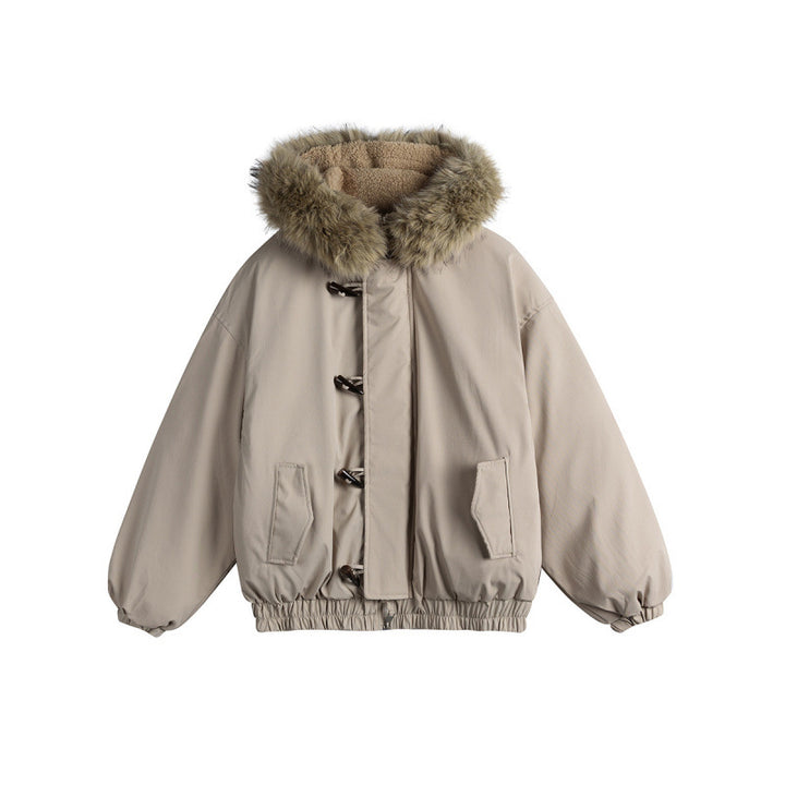Unisex Padded Hooded Jacket in Boxy Cut with Teddy Lining, Faux Fur Collar and Toggle Closures Mune Fashion