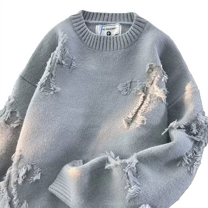 Unisex Oversized Knit Sweater with Destroy Details and Round Neckline Mune Fashion