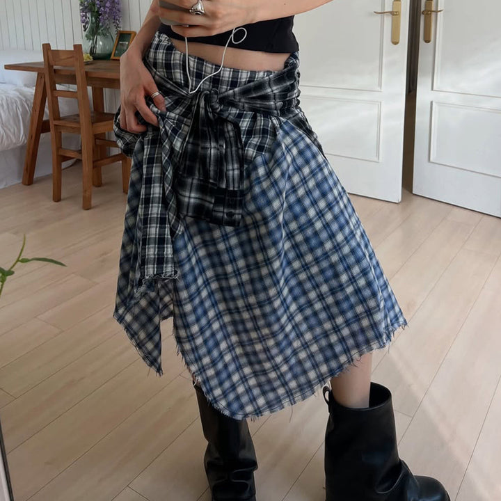 Women Asymmetric Midi Skirt in Checkered Patchwork with Waist Ties Mune Fashion