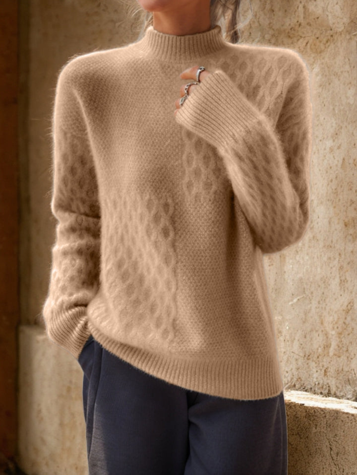 Ladies casual mohair blend fine knit sweater with structure mix, stand-up collar and dropped shoulders Mune Fashion