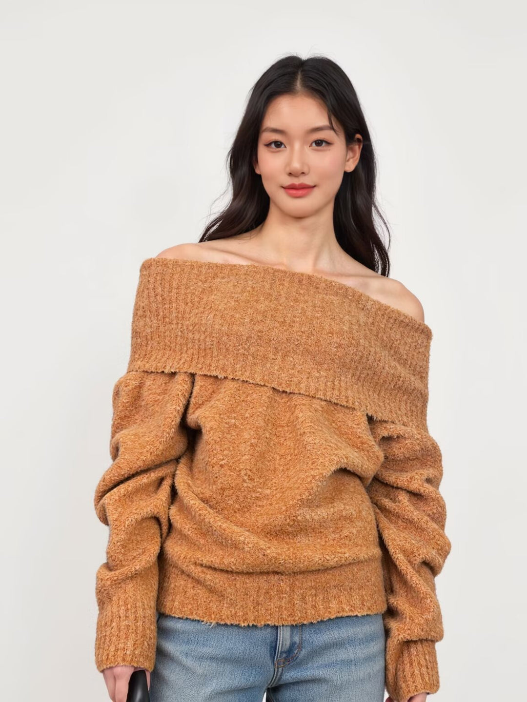 Women's Off-Shoulder Oversized Knit Sweater with Wide Folded Collar and Voluminous Sleeves Mune Fashion