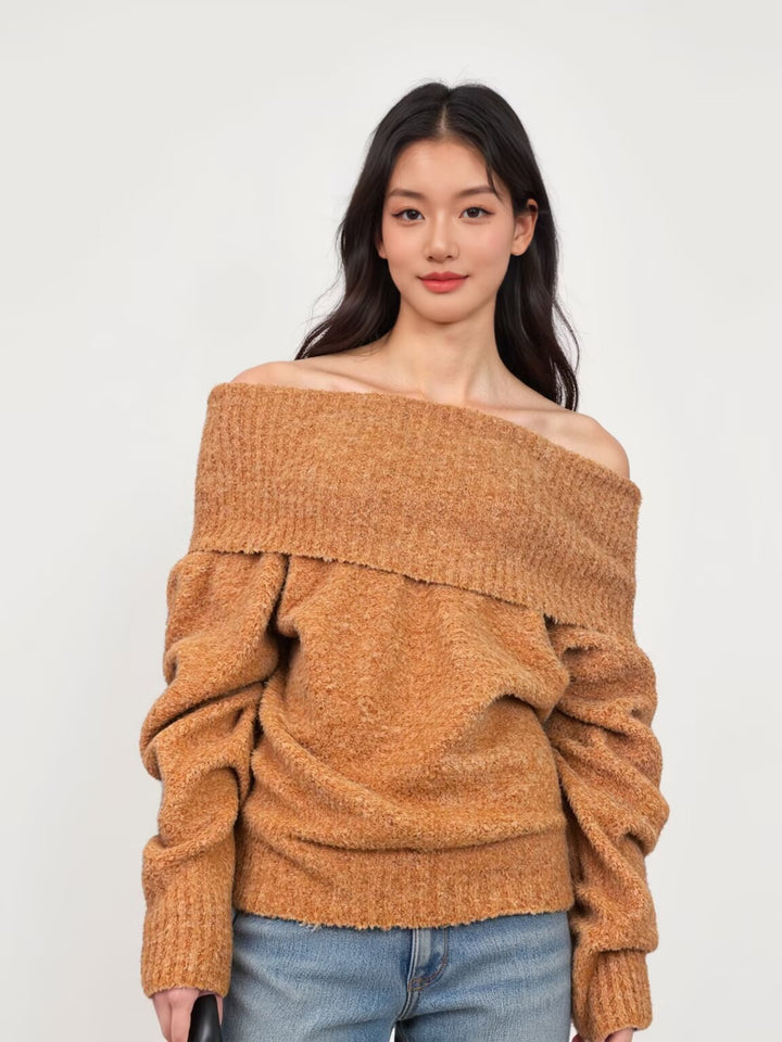 Women's Off-Shoulder Oversized Knit Sweater with Wide Folded Collar and Voluminous Sleeves Mune Fashion