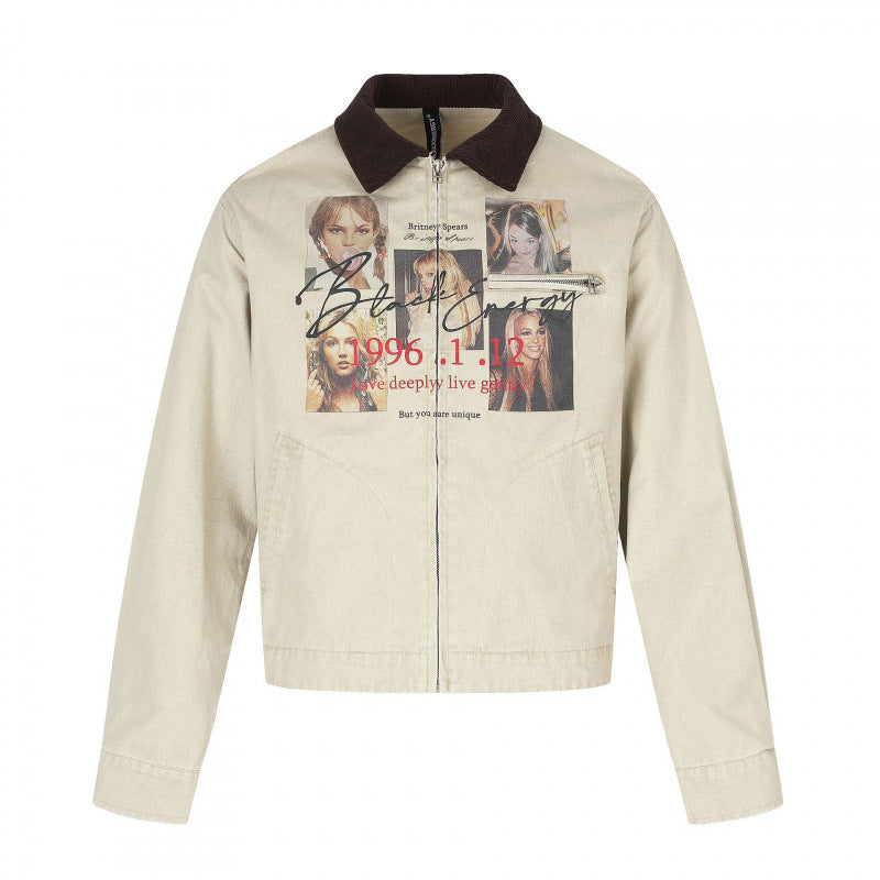 Men's Short-Cut Canvas Bomber Jacket with Cord Collar and Large Photo Collage Print Mune Fashion