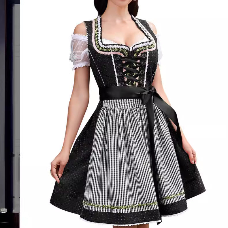 Ladies traditional dirndl dress with lace sleeves, bodice corset, and gathered apron Mune Fashion
