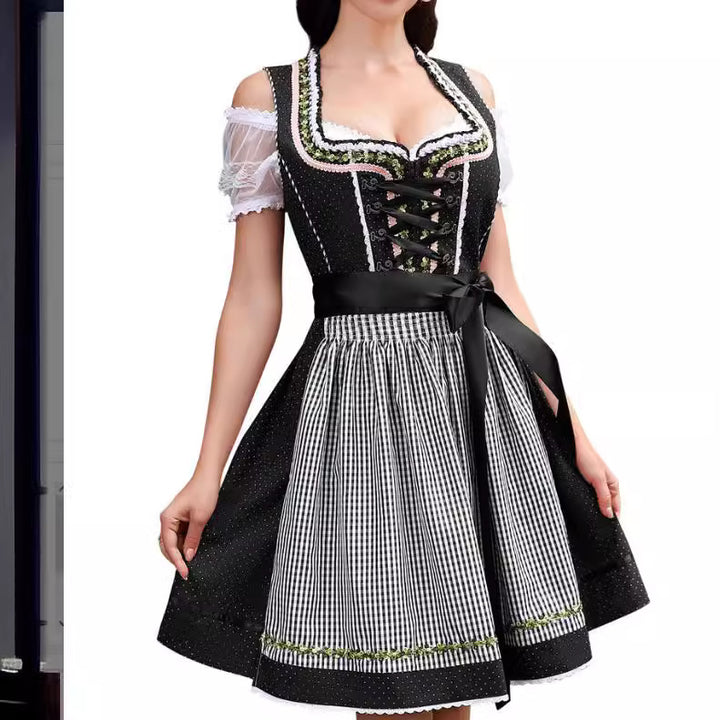 Ladies traditional dirndl dress with lace sleeves, bodice corset, and gathered apron Mune Fashion