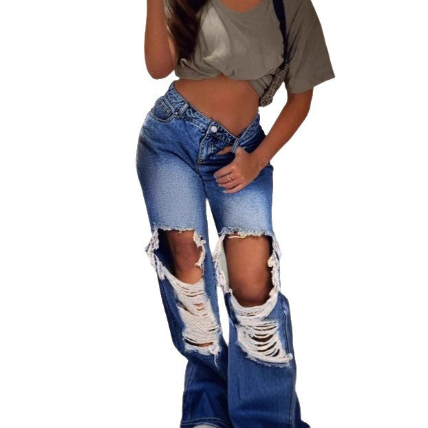 Women's extra-wide destroyed denim jeans with large knee cutouts and high waist Mune Fashion