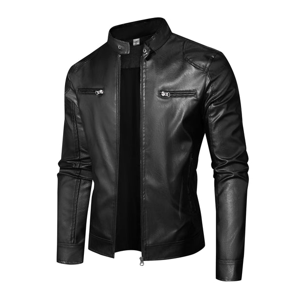 Men's leather jacket in biker style with stand-up collar and zipper pockets Mune Fashion