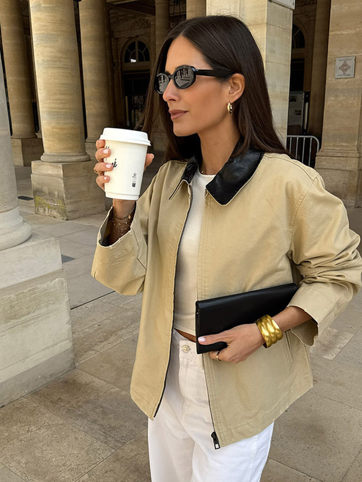 Women's Boxy Transitional Jacket with Contrasting Collar and Concealed Zipper Mune Fashion