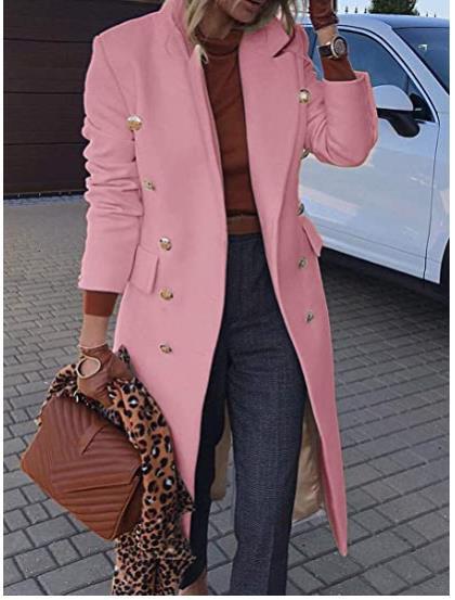 Women tailored double-breasted wool blend coat with gold decorative buttons and knee-length silhouette Mune Fashion