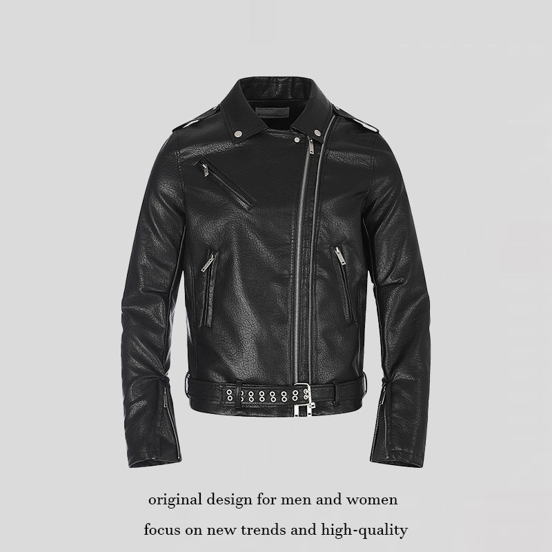 Men's tailored biker jacket made of synthetic leather with asymmetric zipper and studded waist belt Mune Fashion