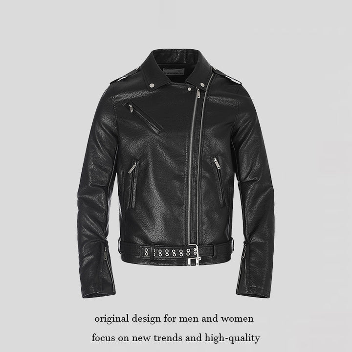 Men's tailored biker jacket made of synthetic leather with asymmetric zipper and studded waist belt Mune Fashion