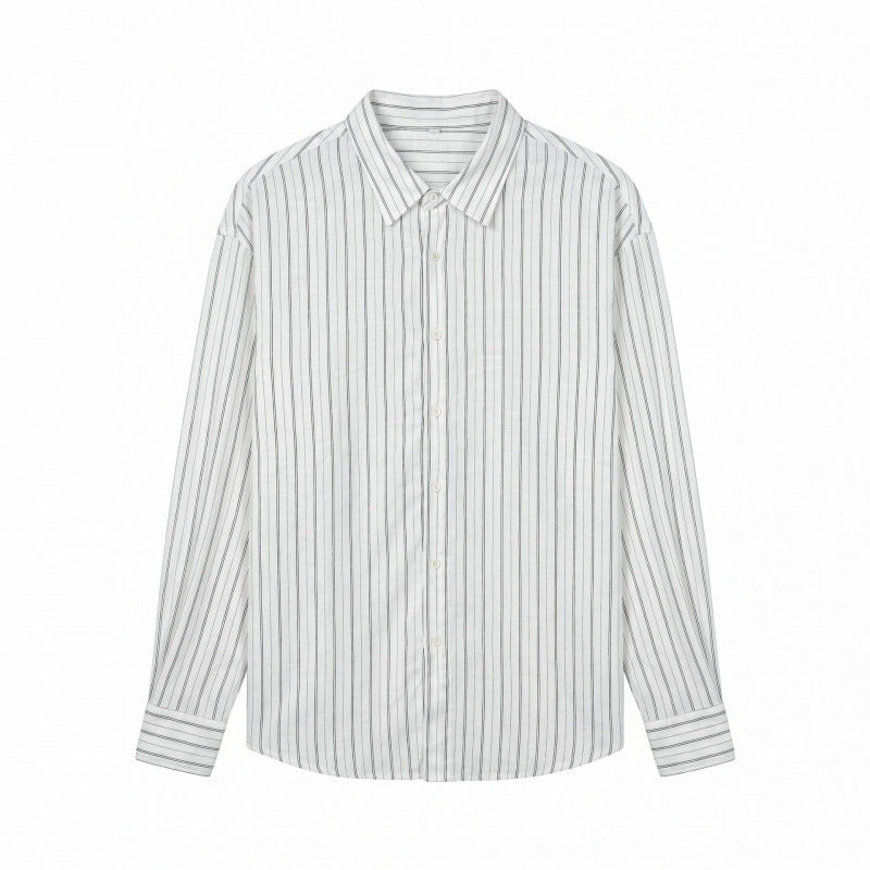 Men's Long-Sleeved Relaxed-Fit Pinstripe Shirt made of Linen-Cotton Blend with Kent Collar Mune Fashion