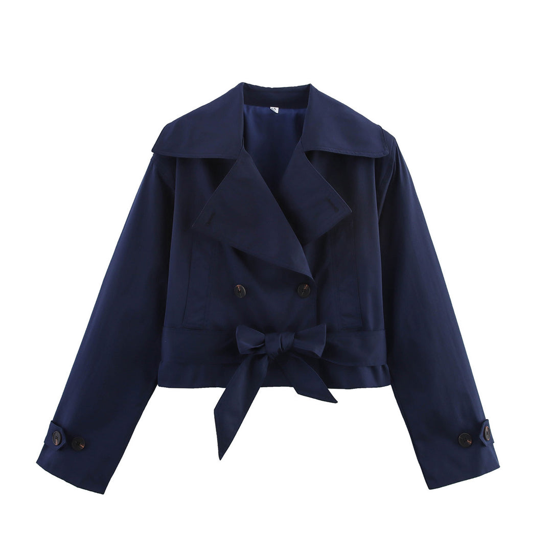 Women Short Cropped Trench Coat with Wide Shawl Collar, Waist Belt to Tie and Decorative Cuffs Mune Fashion