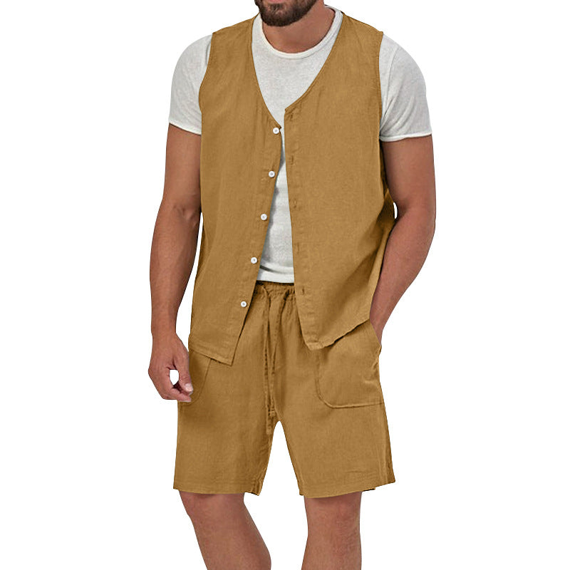 Men's two-piece leisure set with sleeveless button vest and wide drawstring shorts with patch pockets Mune Fashion