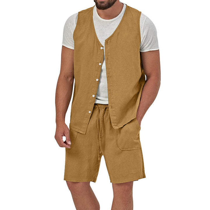 Men's two-piece leisure set with sleeveless button vest and wide drawstring shorts with patch pockets Mune Fashion