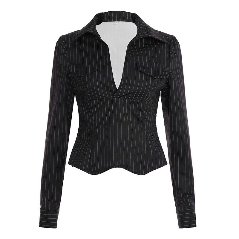 Women's tailored long-sleeve shirt with twist V-neck, shirt collar and pinstripe look Mune Fashion