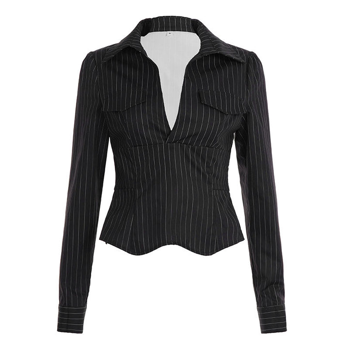 Women's tailored long-sleeve shirt with twist V-neck, shirt collar and pinstripe look Mune Fashion