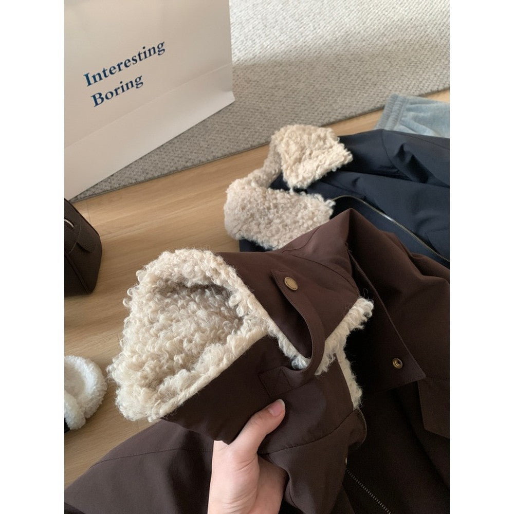 Women Short Oversized Bomber Jacket with Teddy Collar and Snap Button Details Mune Fashion