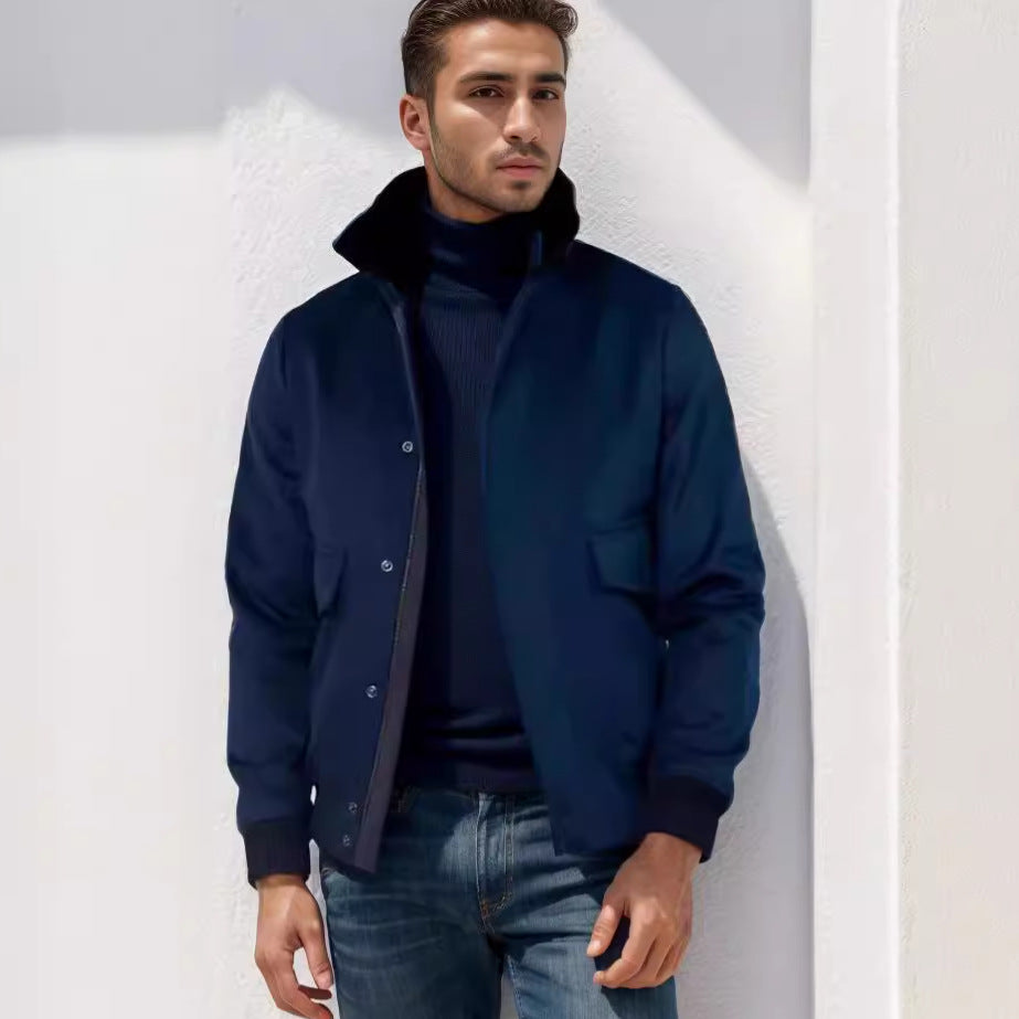 Men's bomber jacket with stand-up collar, snap button placket, and patch pockets Mune Fashion