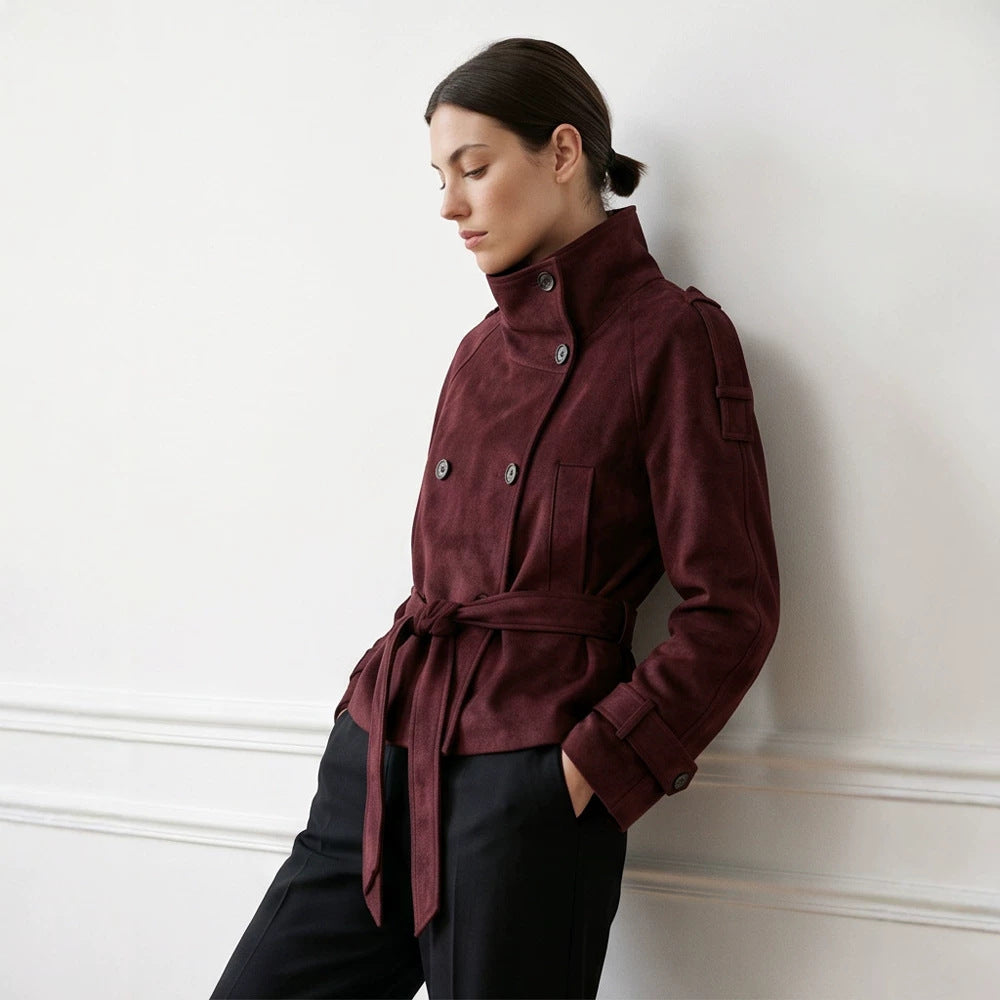 Women's Tailored Short Jacket in Suede Look with Double Breasted and Stand-Up Collar Mune Fashion