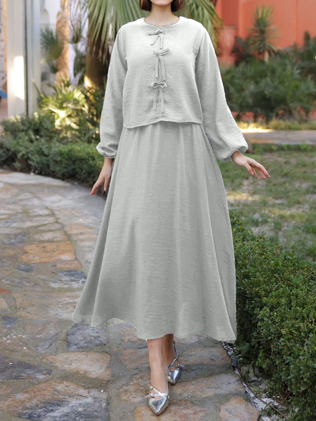 Ladies Long Two-Piece Maxi Dress with Overlay, Round Neck and Decorative Knot