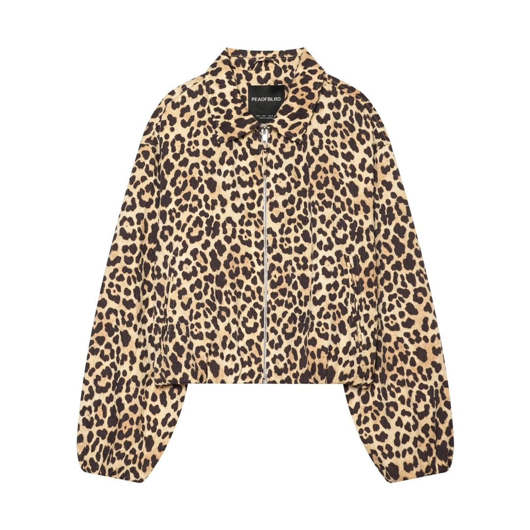 Women's Cropped Bomber Jacket in Oversized Cut with Full Length Zipper and Leopard Print Mune Fashion