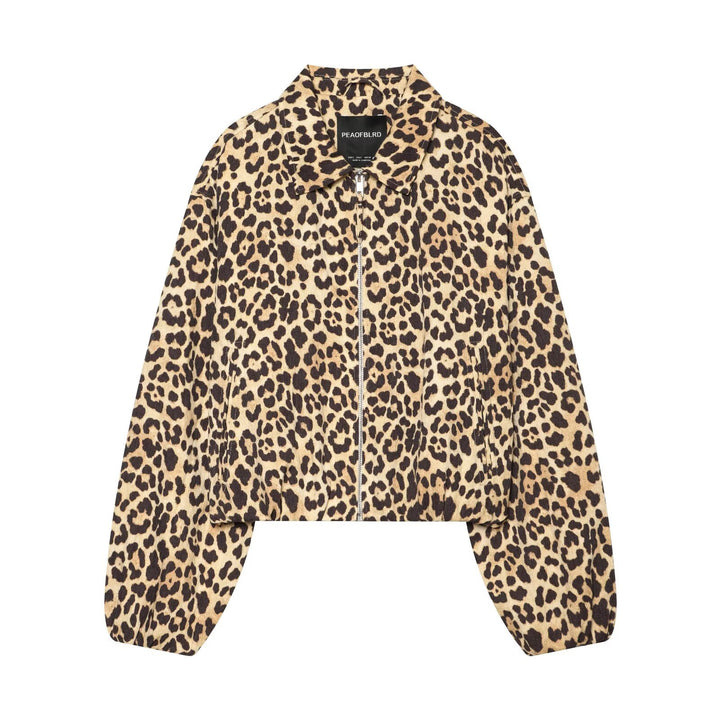Women's Cropped Bomber Jacket in Oversized Cut with Full Length Zipper and Leopard Print Mune Fashion