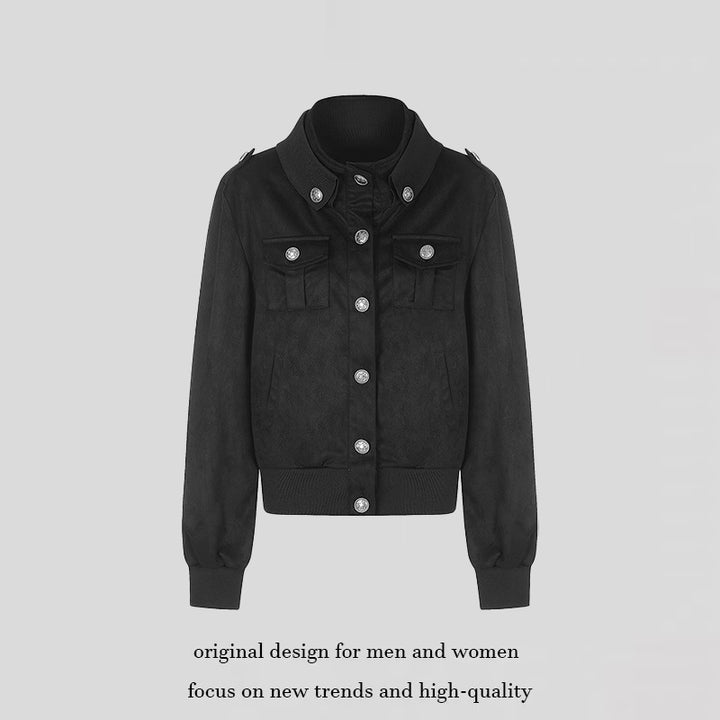 Women's Short Cut Velvet Velours Bomber Jacket with Decorative Buttons and Epaulets Mune Fashion