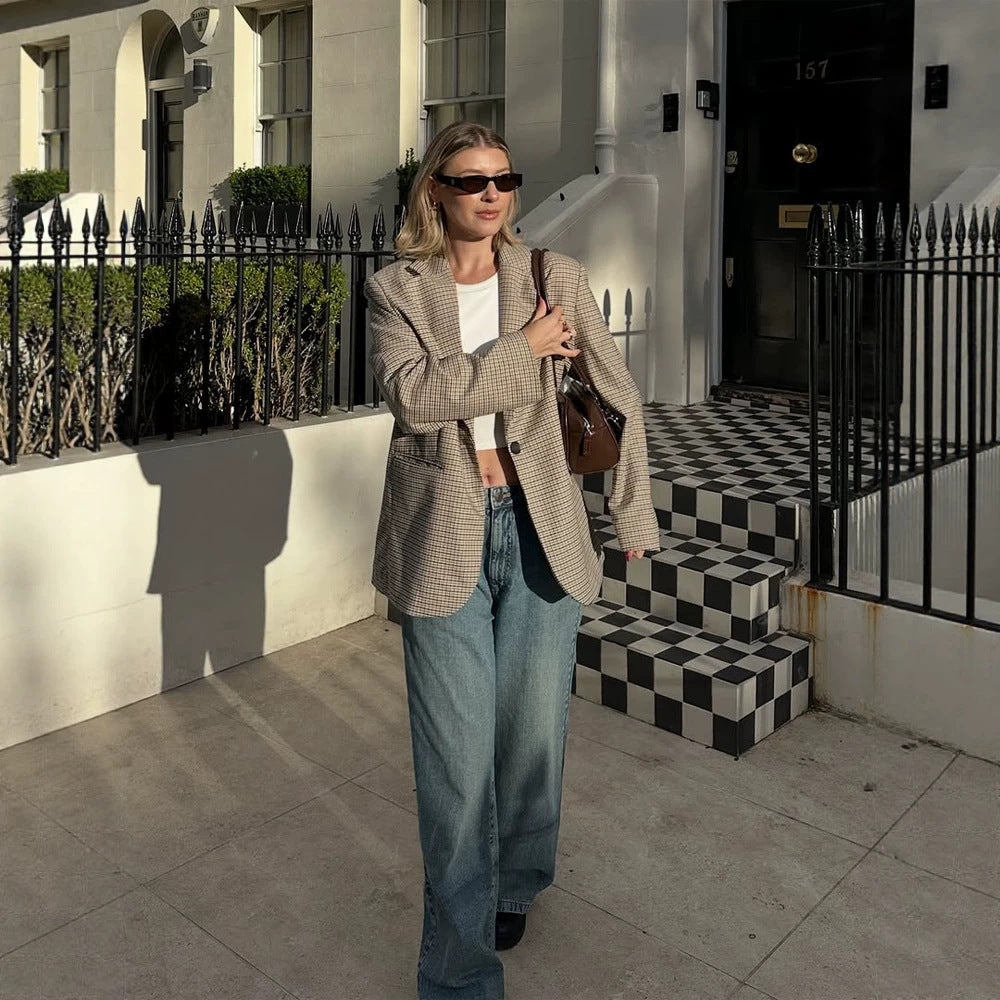 Women Oversize Glencheck Blazer with boxy silhouette and patch pockets Mune Fashion