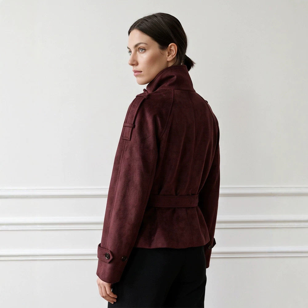 Women's Tailored Short Jacket in Suede Look with Double Breasted and Stand-Up Collar Mune Fashion