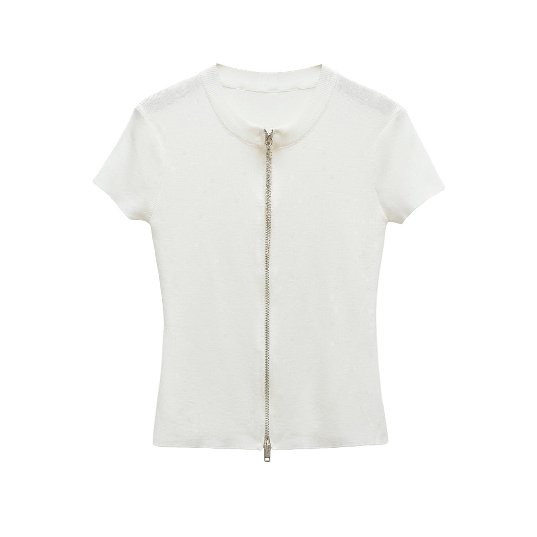 Women's Short Sleeve Fine Knit Top with Continuous Zipper Mune Fashion