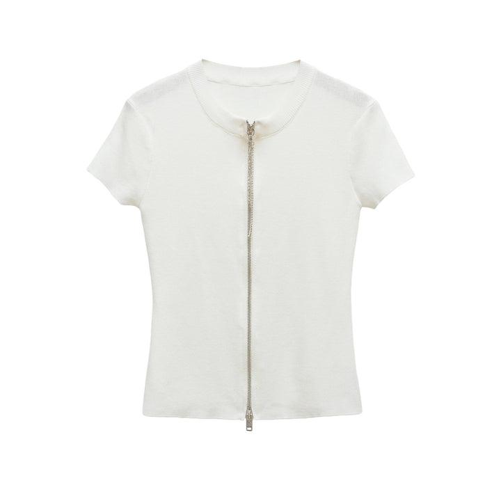 Women's Short Sleeve Fine Knit Top with Continuous Zipper Mune Fashion