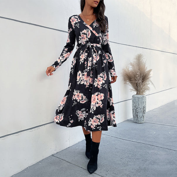 Women's Wrap Midi Dress with Fitted Tie Belt, Flared Skirt and V-Neck Mune Fashion