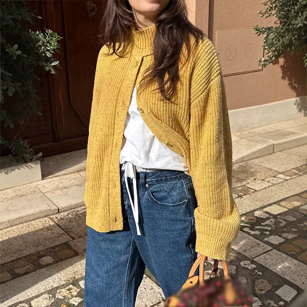 Women Oversize Cardigan with Rib Structure and Stand-Up Collar Mune Fashion