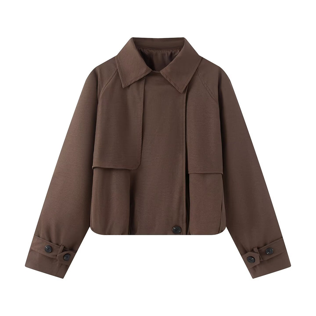 Women's Cropped Short Jacket with Cape Front, Shirt Collar and Adjustable Cuffs Mune Fashion