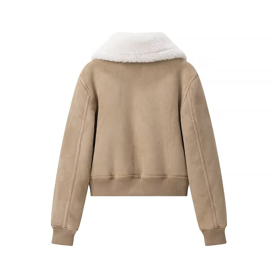 Women's Short Suede Look Bomber Jacket with Teddy Collar and Ribbed Cuffs Mune Fashion