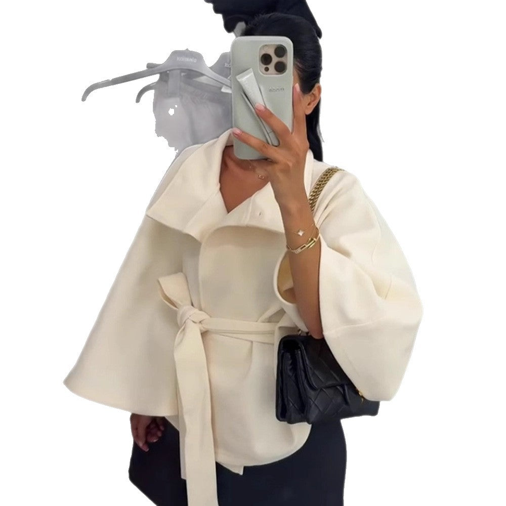 Women Elegant Wool Cape with Waist Belt, Standing Collar and Concealed Button Placket Mune Fashion