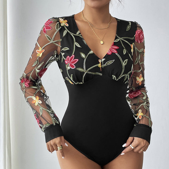 Women's Embroidered Mesh Body with V-Neck and Transparent Floral Sleeves Mune Fashion