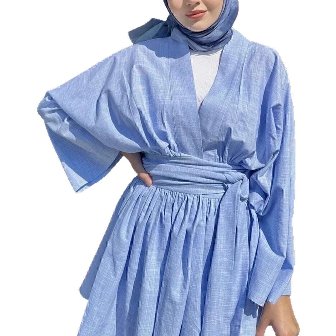 Women's kimono wrap dress in linen look with wide skirt and tie belt Mune Fashion