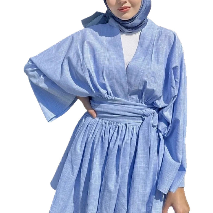 Women's kimono wrap dress in linen look with wide skirt and tie belt Mune Fashion