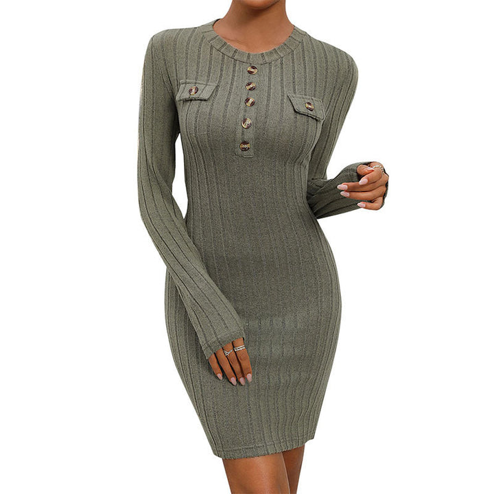 Women's fitted ribbed knit mini dress with button placket and decorative breast pockets