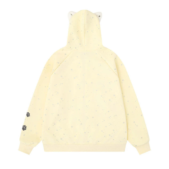 Women's zip hoodie with music print, 3D ear hood and paw appliqué Mune Fashion