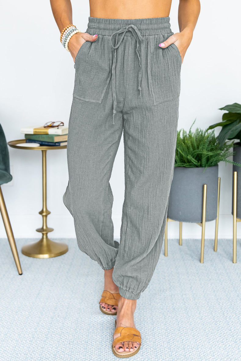 Women's Lightweight Linen Jogger Pants with Drawstring, Patch Pockets, and Elastic Cuffs Mune Fashion