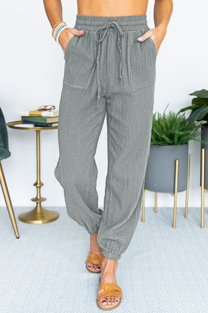 Women's Lightweight Linen Jogger Pants with Drawstring, Patch Pockets, and Elastic Cuffs Mune Fashion