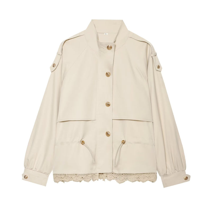 Women's lightweight field jacket with drawstring, stand-up collar, epaulettes, and lace trim Mune Fashion